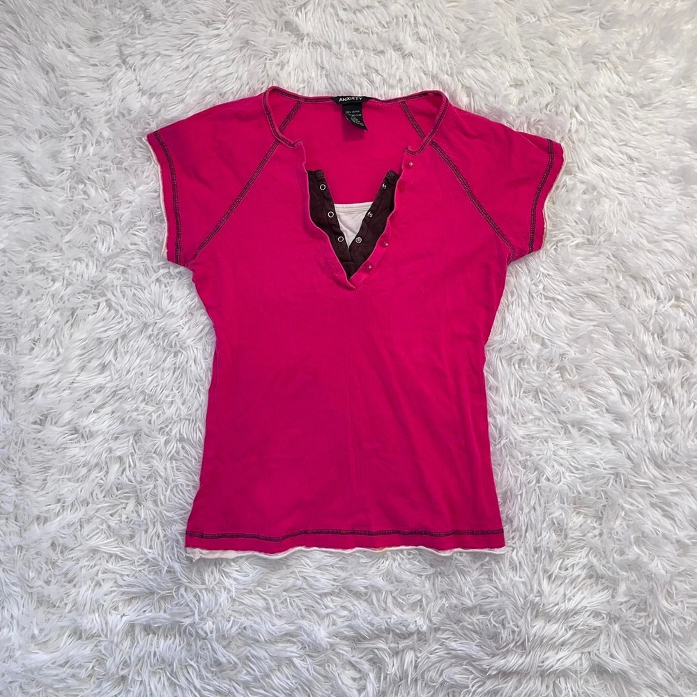 y2k hot pink layered cotton ribbed button up henley top large